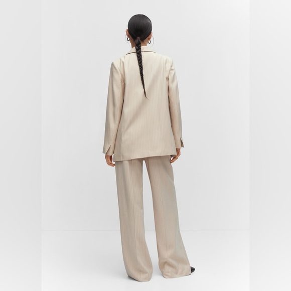 NWT MNG Mango Pinstripe Long Sleeve Single-Breasted Suit Blazer in Beige size L - Picture 4 of 16
